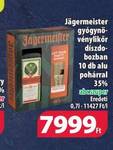 Jägermeister gyógynövénylikőr díszdobozban 10 db alu pohárral